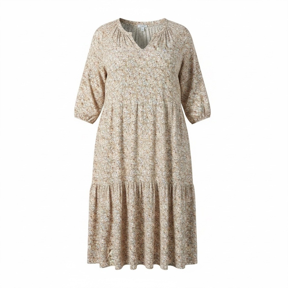 Falls Creek Tiered Midi Dress Womens 2X Peach Floral Excellent V-Neck Viscose